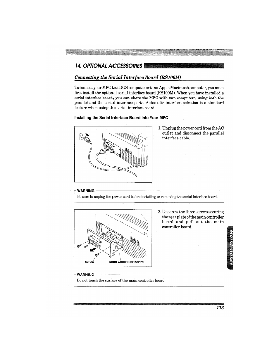 Connecting the serial interface board (rsioom), R warning, Connecting the serial interface board (ksioom) | Brother MFC7650MC User Manual | Page 185 / 226