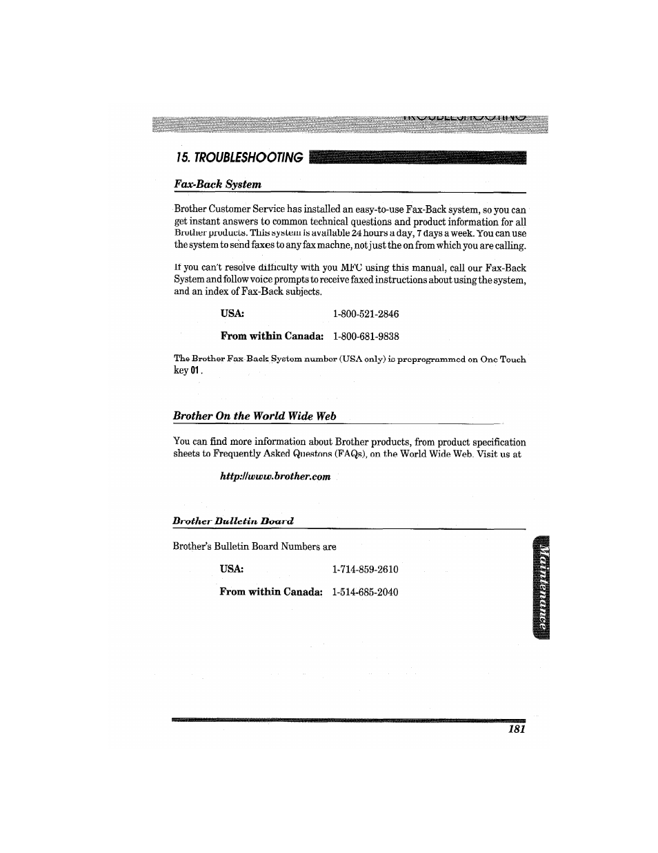 Fax-back system, From within canada: 1-800-681-9838, Brother on the world wide web | Usa: 1-714-859-2610, From within canada: 1-514-685-2040 | Brother MFC7650MC User Manual | Page 193 / 226
