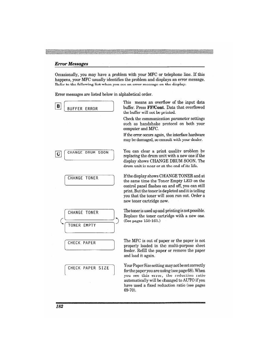 Error messages | Brother MFC7650MC User Manual | Page 194 / 226