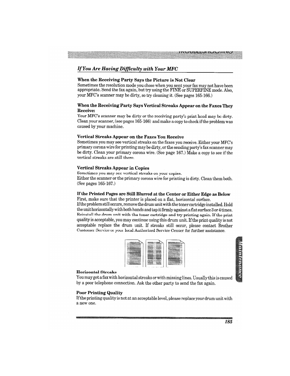 If you are having difficulty with your mfc, If you are having difeiculty with your mfc, Horizontal streaks | Brother MFC7650MC User Manual | Page 197 / 226