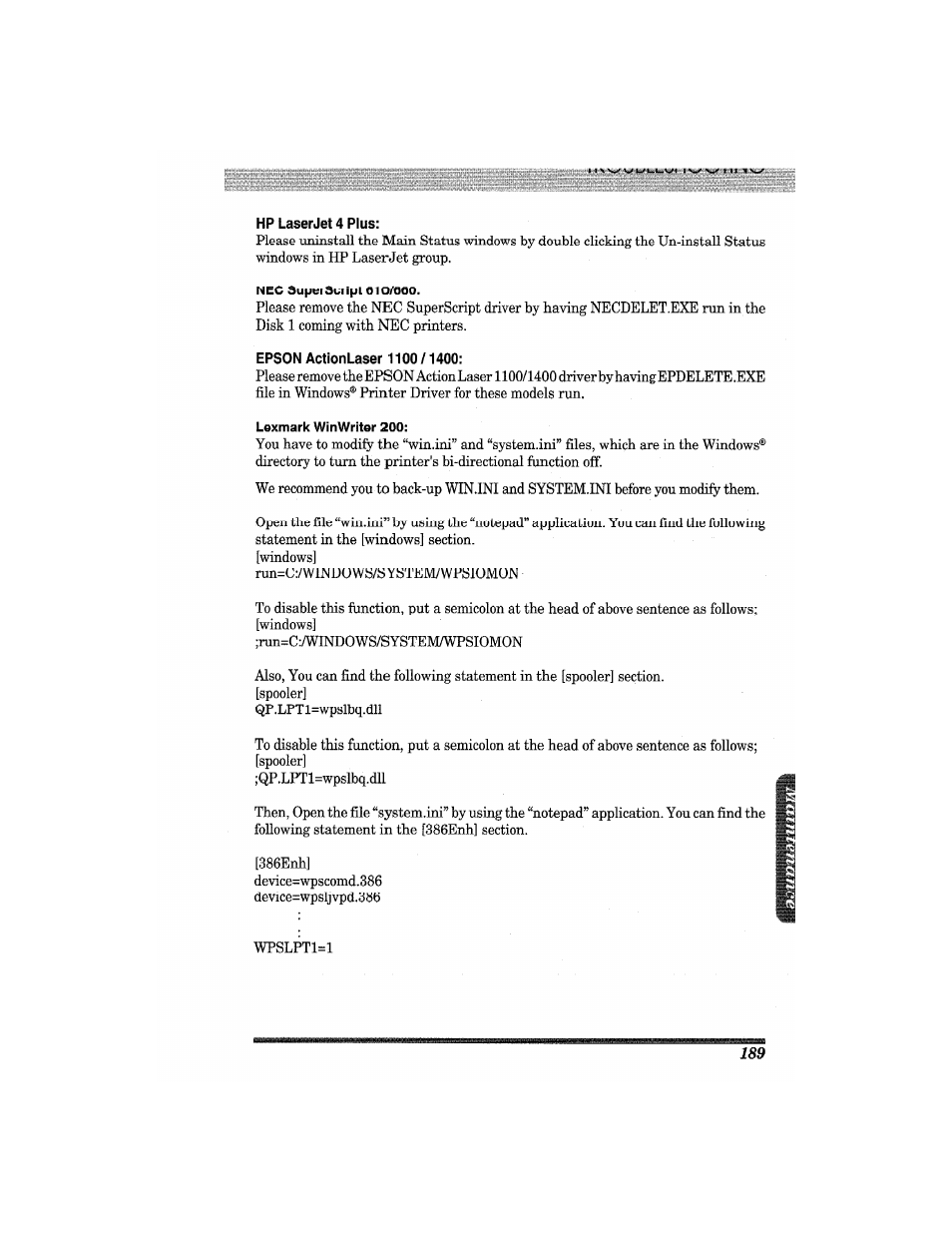 Hp laserjet 4 plus, Nec superscript 610/660, Epson actionlaser 1100 /1400 | Lexmark winwriter 200 | Brother MFC7650MC User Manual | Page 201 / 226