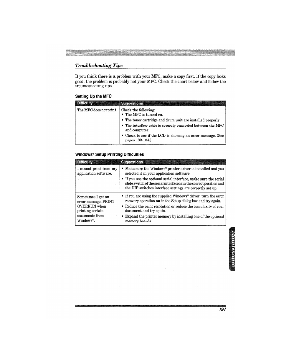 Troubleshooting tips, Setting up the mfc, If you think there is | Brother MFC7650MC User Manual | Page 203 / 226