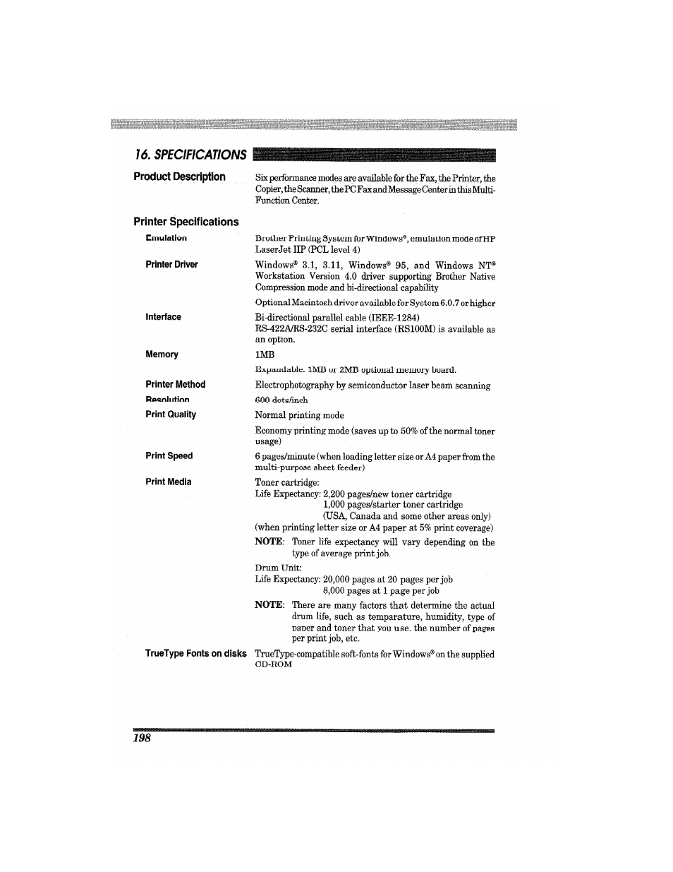 Printer specifications, Specifications, Product description printer specifications | Brother MFC7650MC User Manual | Page 210 / 226