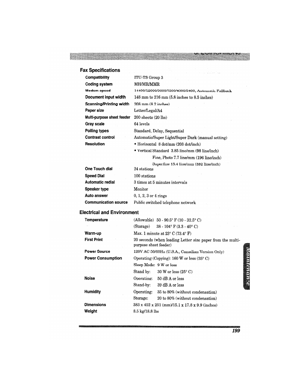 Electrical and environment, Fax specifications, Automatic fallback | Brother MFC7650MC User Manual | Page 211 / 226