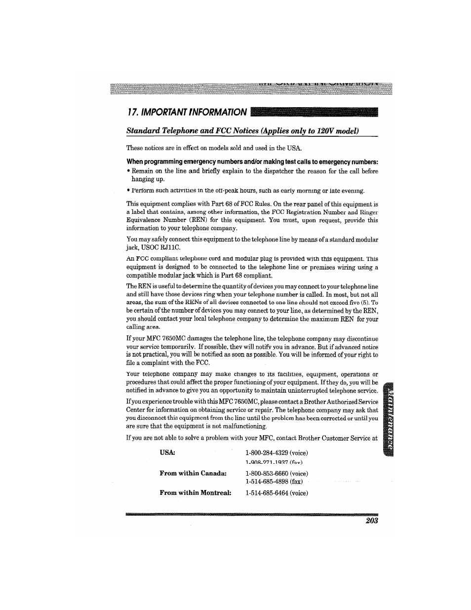 Usa; from within canada; from within montreal, Important information | Brother MFC7650MC User Manual | Page 215 / 226