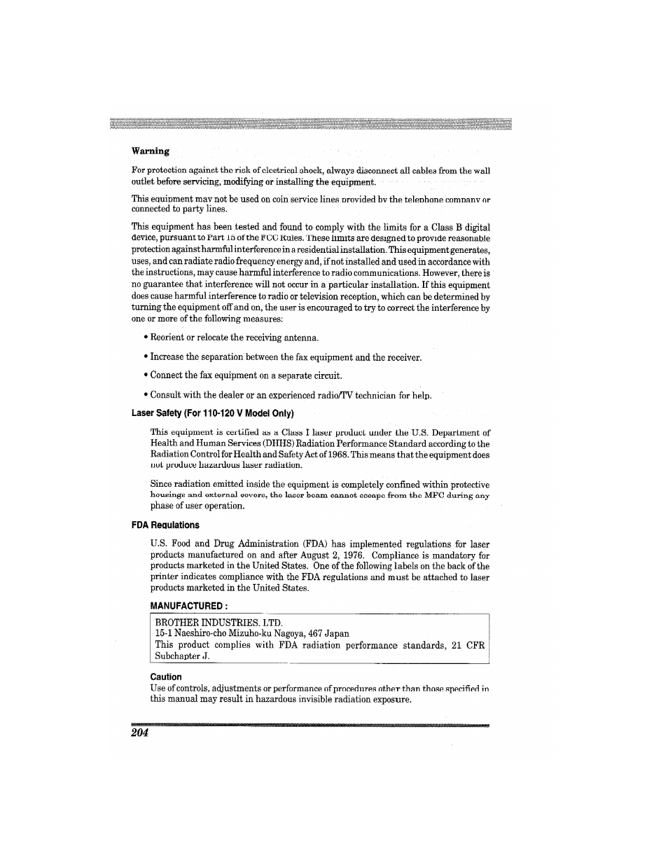 Fda regulations, Manufactured, Caution | Brother MFC7650MC User Manual | Page 216 / 226