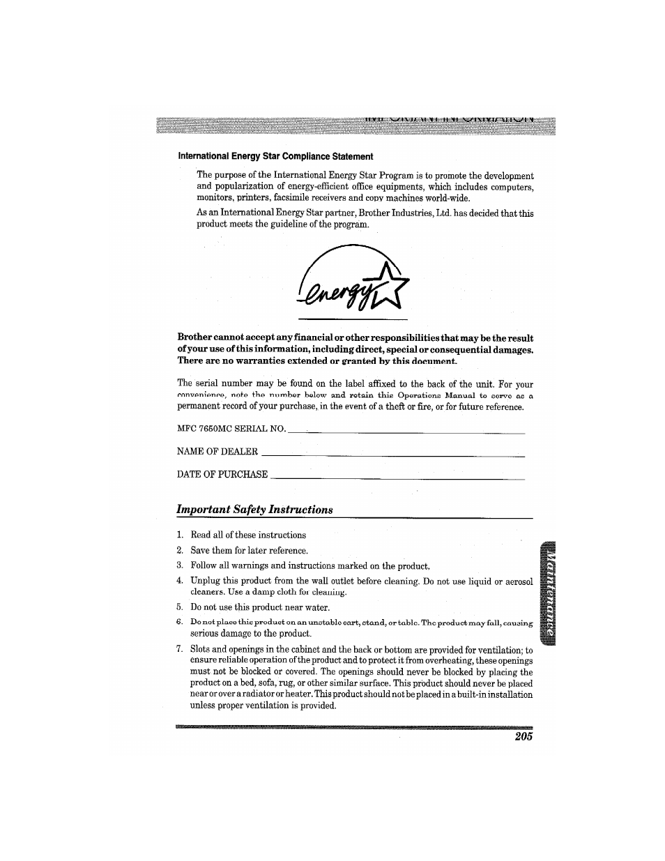 International energy star compliance statement, Important safety instructions | Brother MFC7650MC User Manual | Page 217 / 226