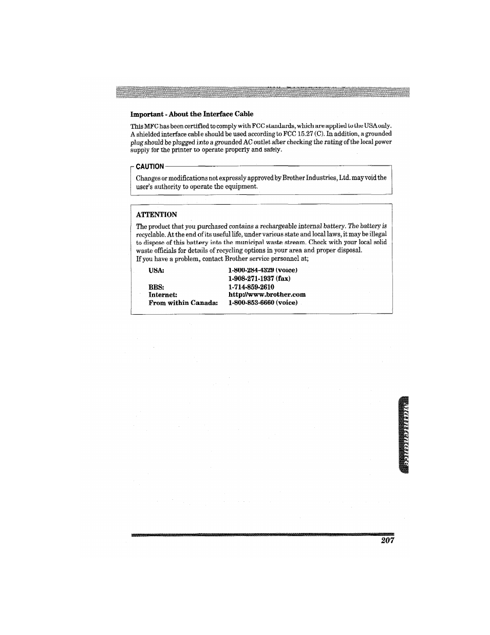 Important - about the interface cable, Attention | Brother MFC7650MC User Manual | Page 219 / 226