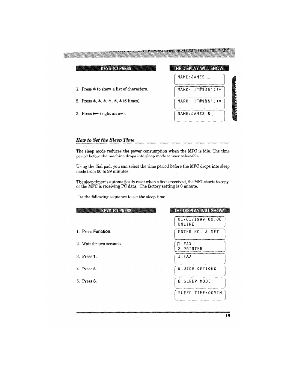 How to set the sleep time, The display will show, Press function | Brother MFC7650MC User Manual | Page 31 / 226