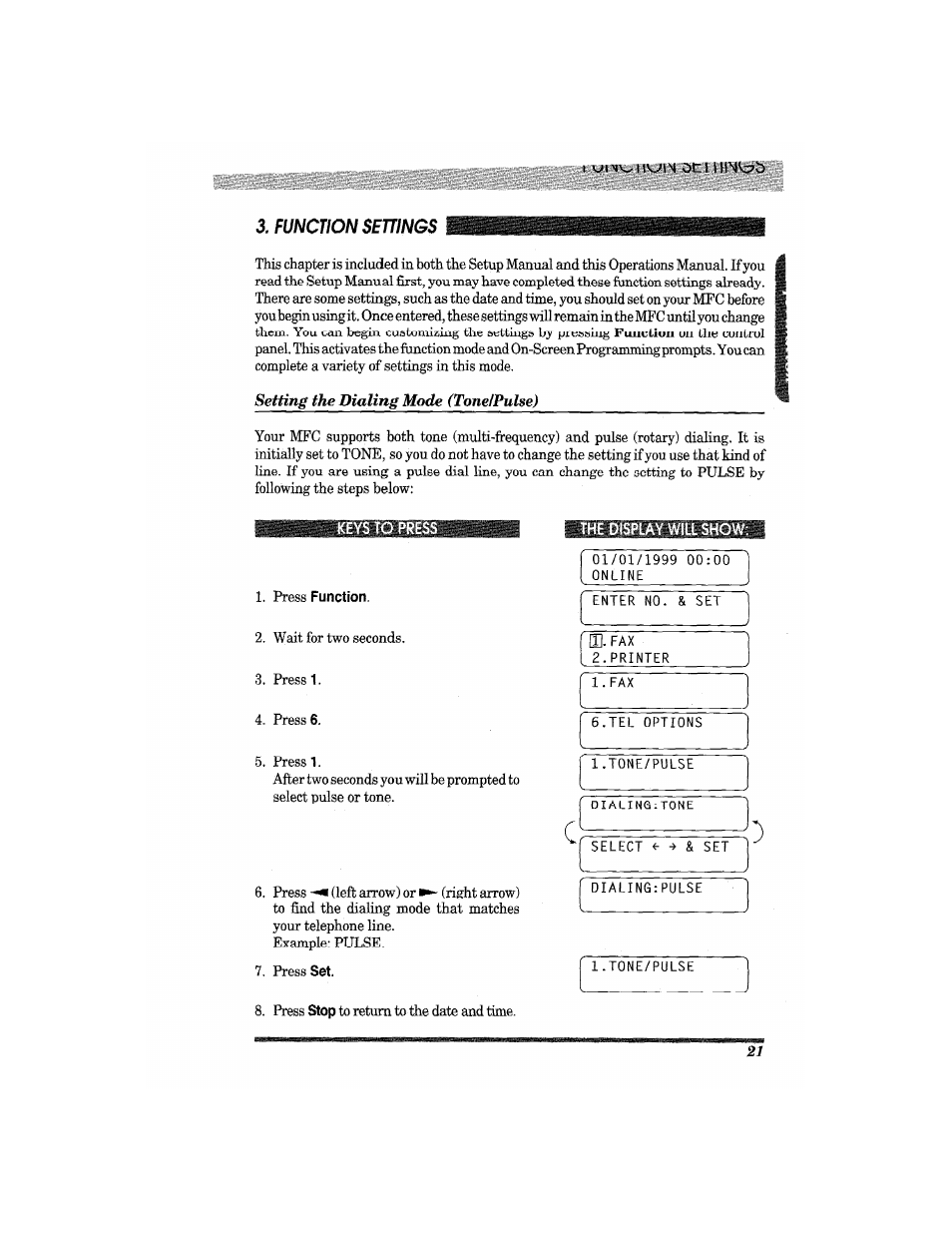 Setting the dialing mode (tonelpulse), The display will show | Brother MFC7650MC User Manual | Page 33 / 226