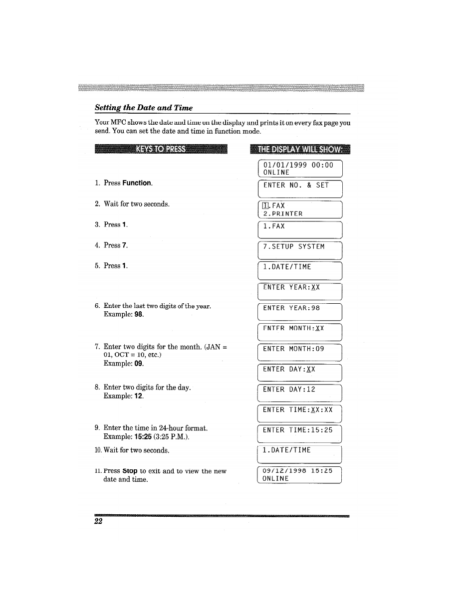 The display will show | Brother MFC7650MC User Manual | Page 34 / 226
