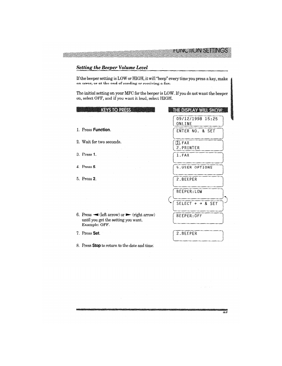 Press function, Runuiun shttings | Brother MFC7650MC User Manual | Page 37 / 226