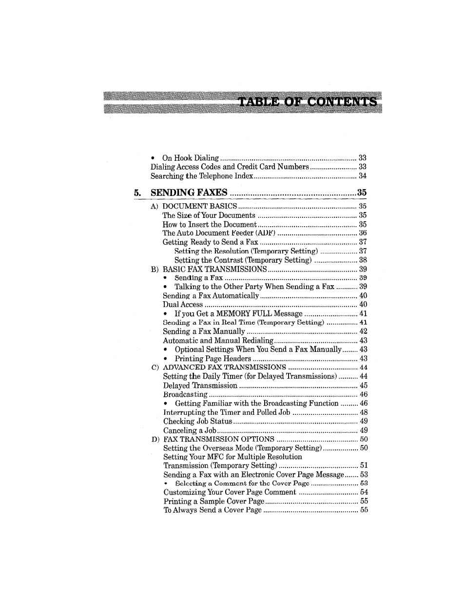 5> sending faxes | Brother MFC7650MC User Manual | Page 5 / 226