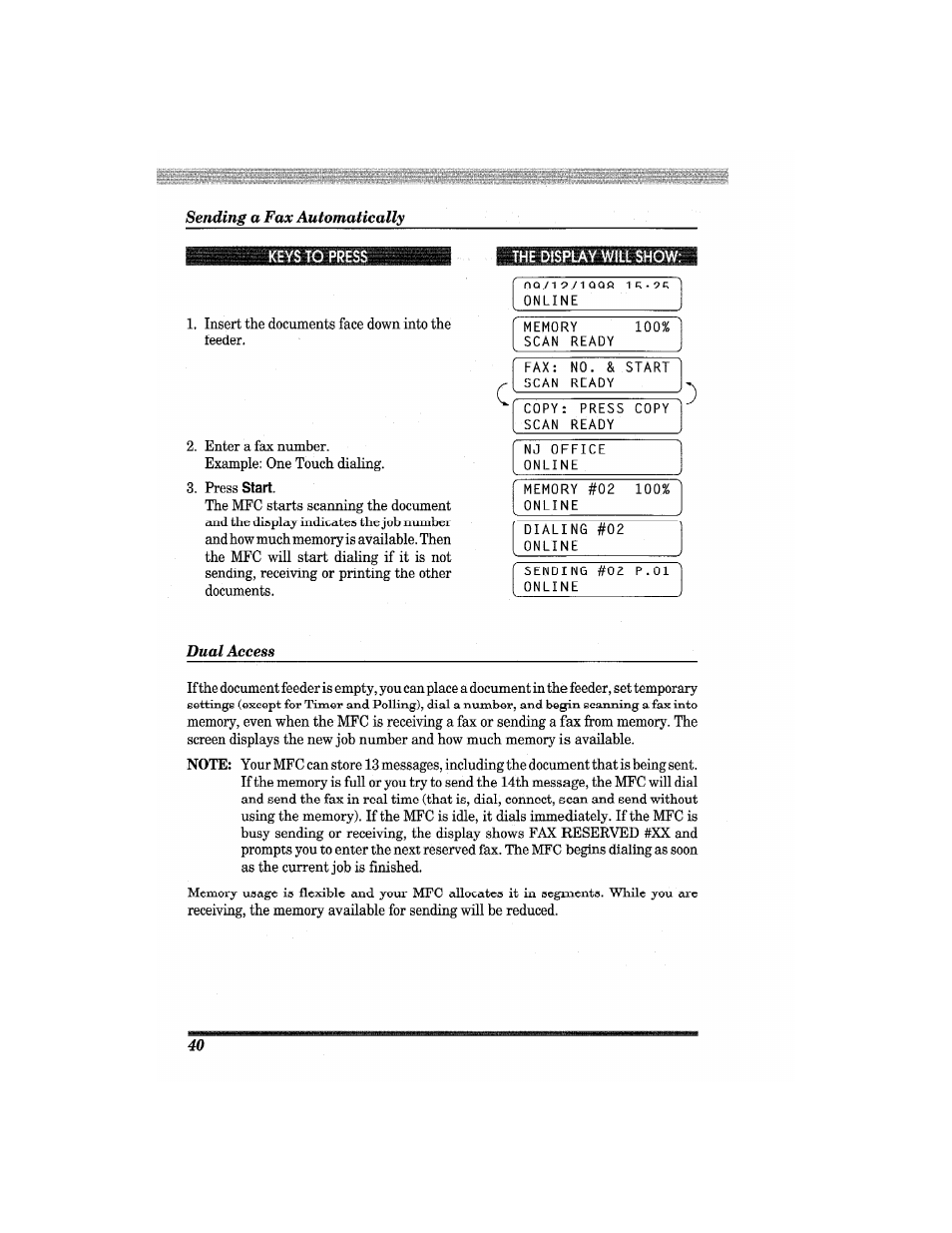 Sending a fax automatically, The display will show, Dual access | Brother MFC7650MC User Manual | Page 52 / 226