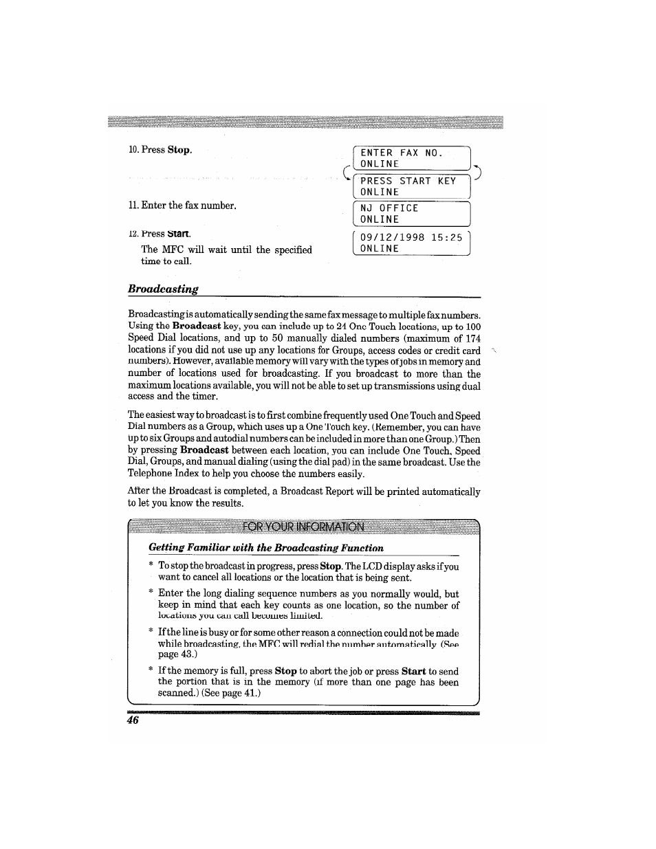 Broadcasting | Brother MFC7650MC User Manual | Page 58 / 226