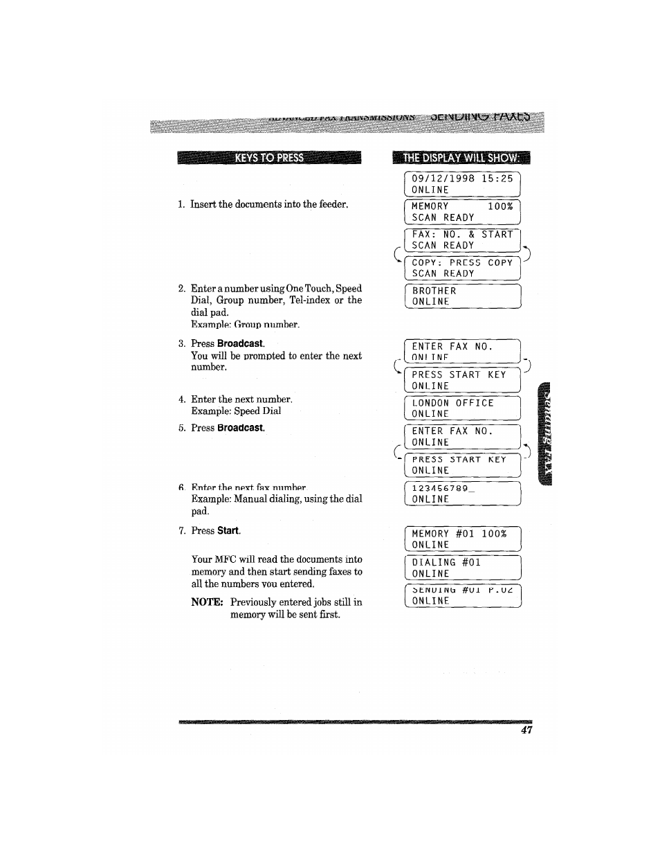 Keys to press, Press broadcast, The display will show | Brother MFC7650MC User Manual | Page 59 / 226