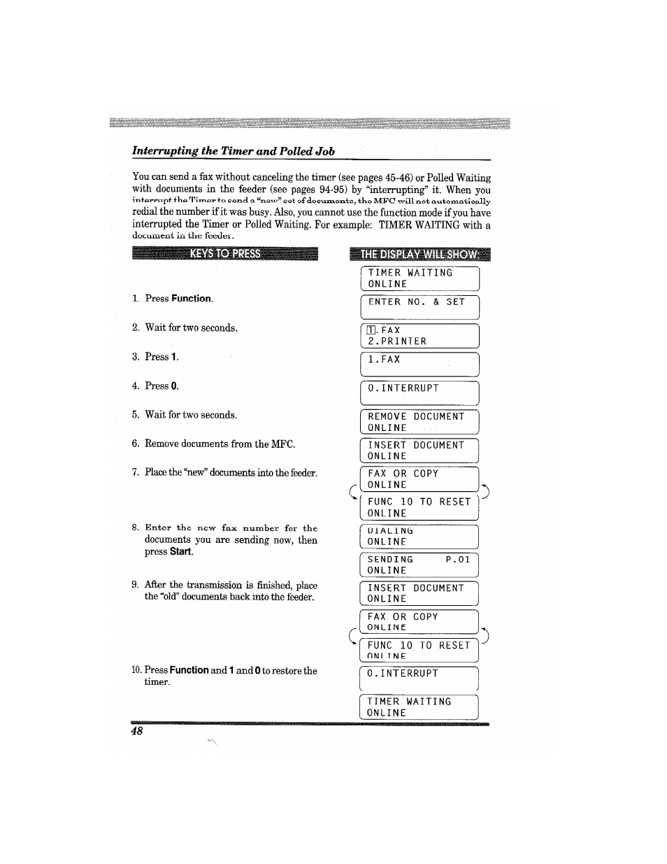 Interrupting the timer and polled job, Press function, The display will show | Brother MFC7650MC User Manual | Page 60 / 226