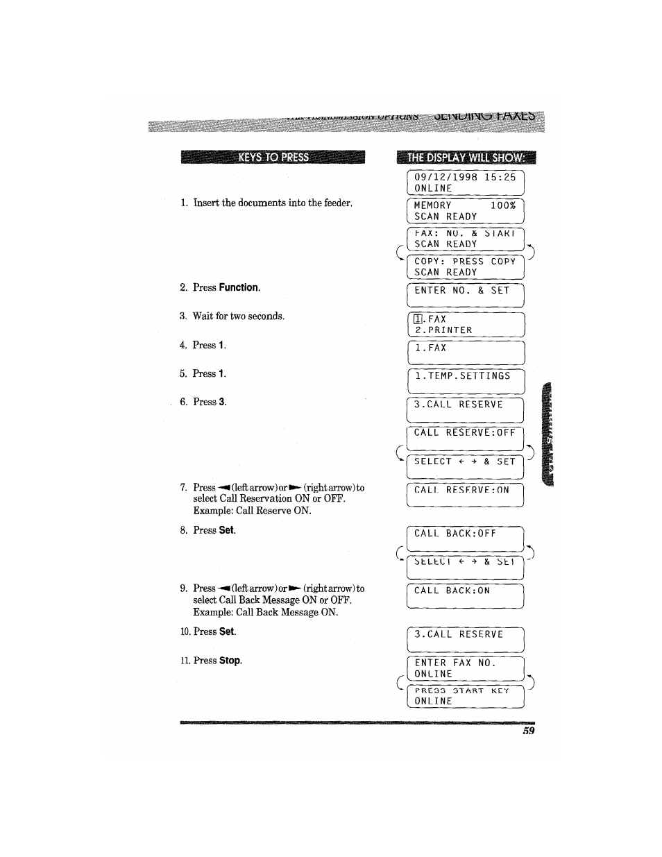 Keys to press, Press function | Brother MFC7650MC User Manual | Page 71 / 226