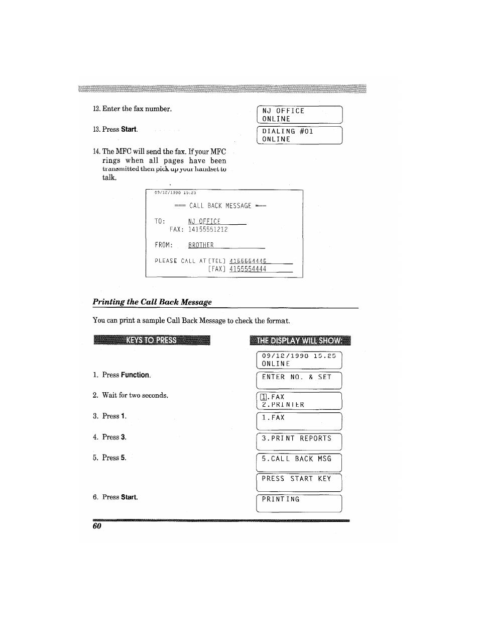 Printing the call back message | Brother MFC7650MC User Manual | Page 72 / 226