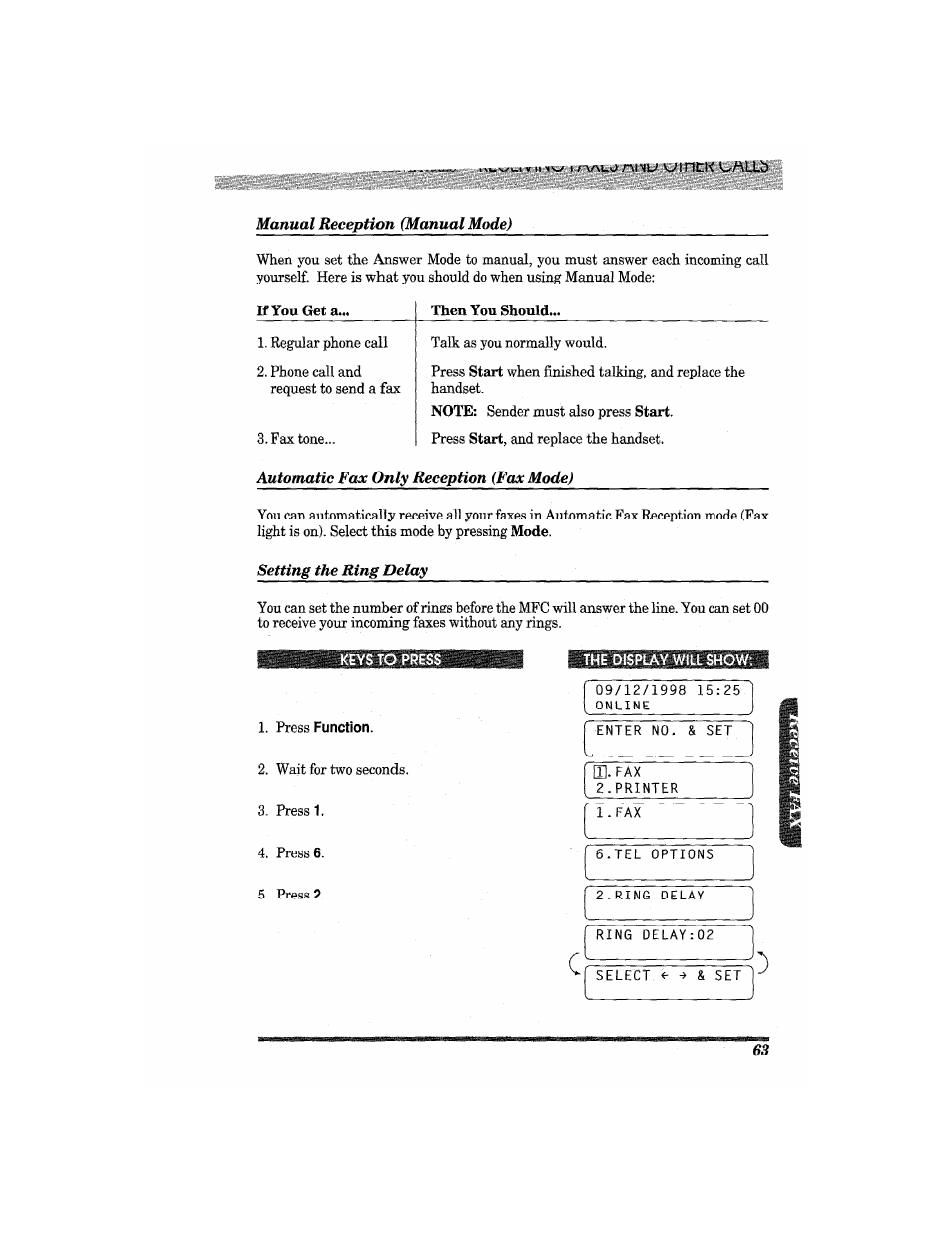 Manual reception (manual mode), Setting the ring delay, Press function | The display will show | Brother MFC7650MC User Manual | Page 75 / 226