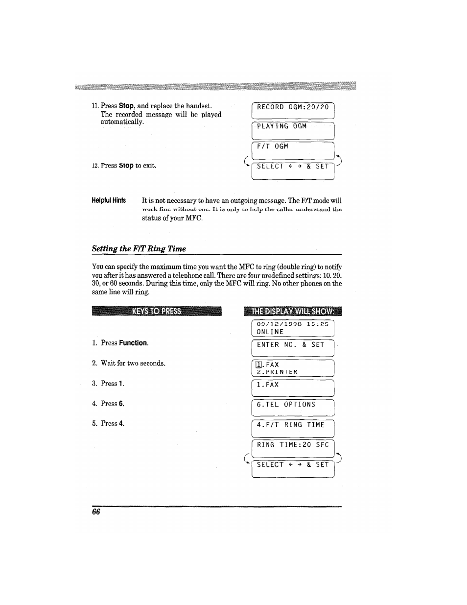 Setting the fit ring time, Press function, The display will show | Setting the f/t ring time | Brother MFC7650MC User Manual | Page 78 / 226