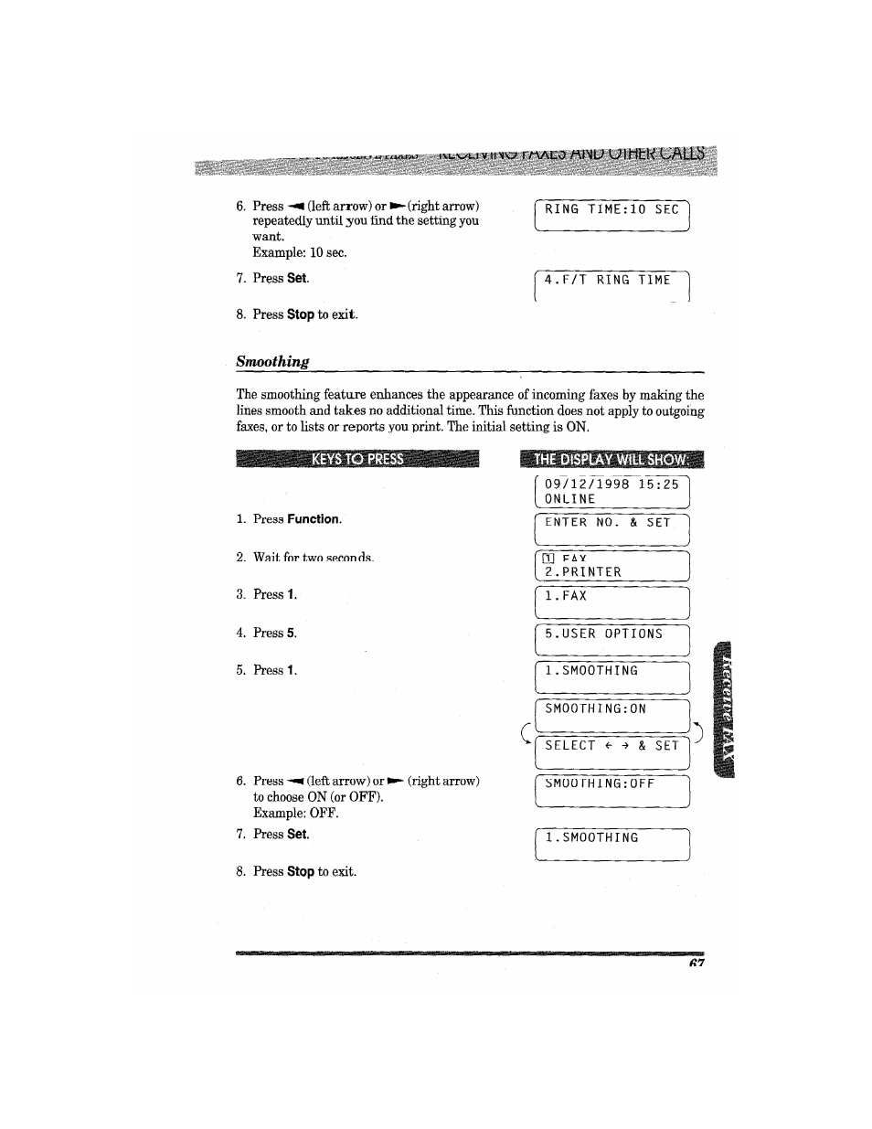 Smoothing, Keys to press, Press function | The display will show | Brother MFC7650MC User Manual | Page 79 / 226
