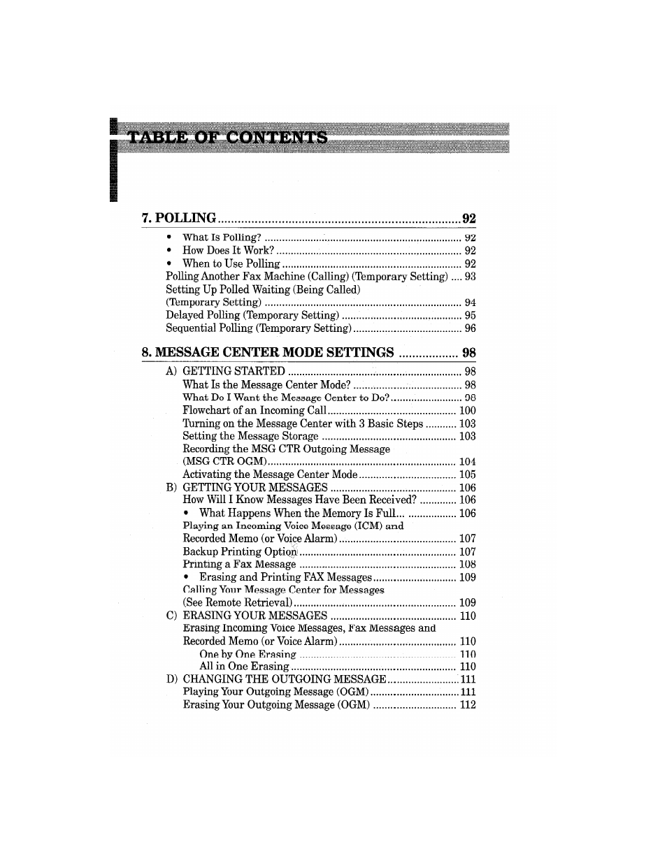 Polling, Message center mode settings | Brother MFC7650MC User Manual | Page 8 / 226