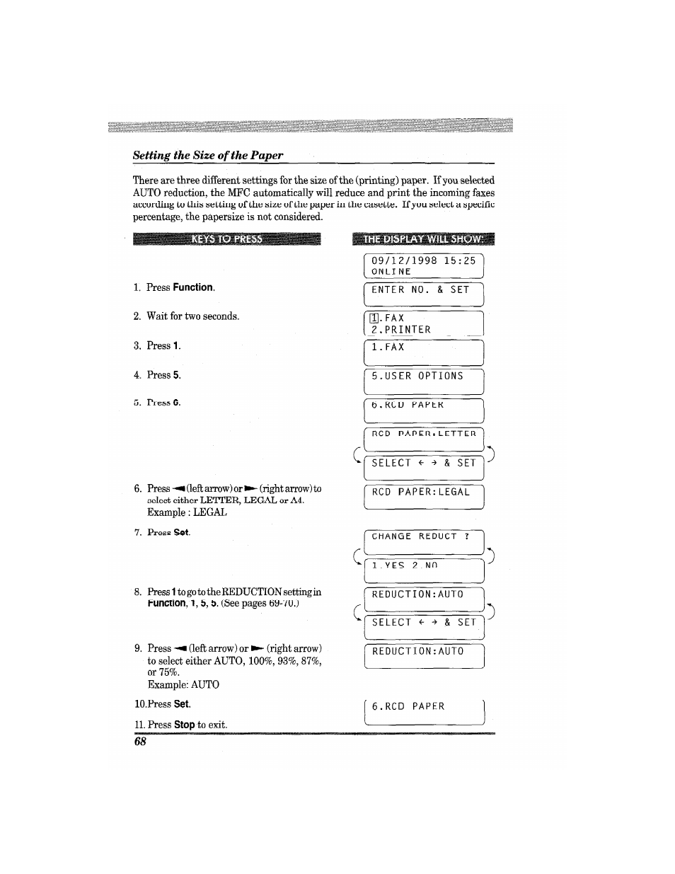 Setting the size of the paper, Press function, The display will show | Brother MFC7650MC User Manual | Page 80 / 226
