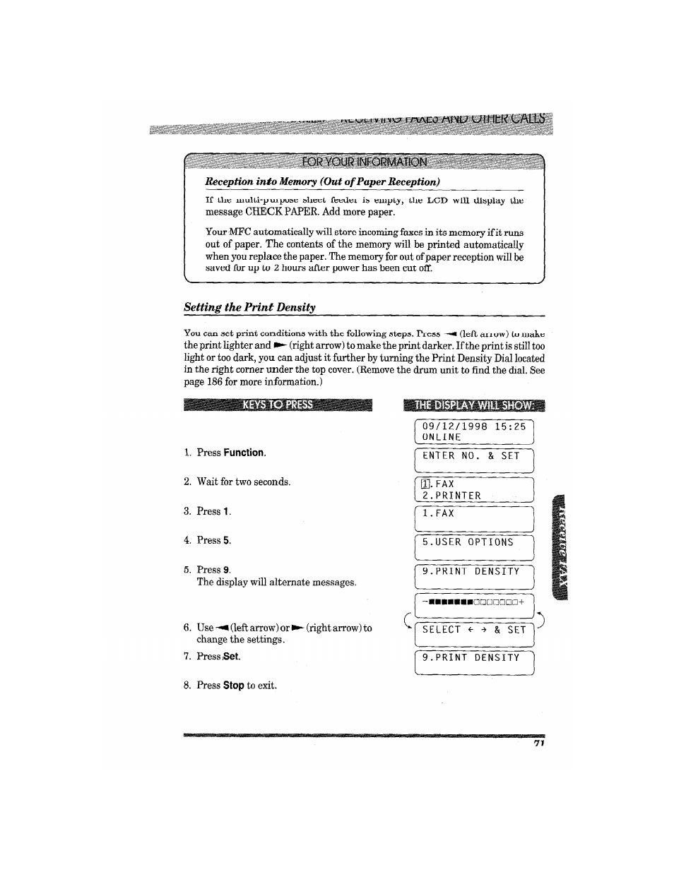 Setting the print density, Keys to press, The display will show | Rvaco, I htk | Brother MFC7650MC User Manual | Page 83 / 226