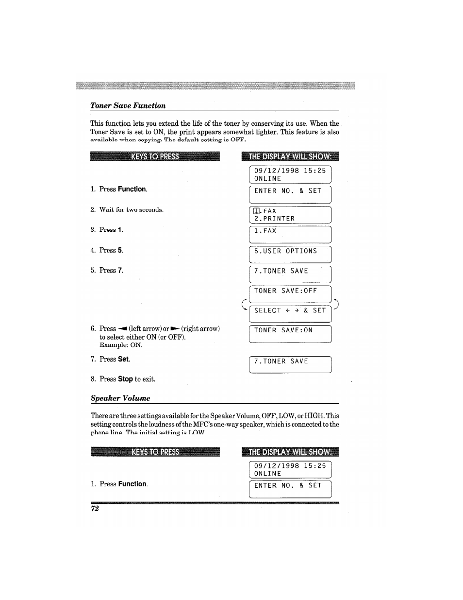 Toner save function, The display will show, Press stop to exit. speaker volume | Press function, Speaker volume | Brother MFC7650MC User Manual | Page 84 / 226