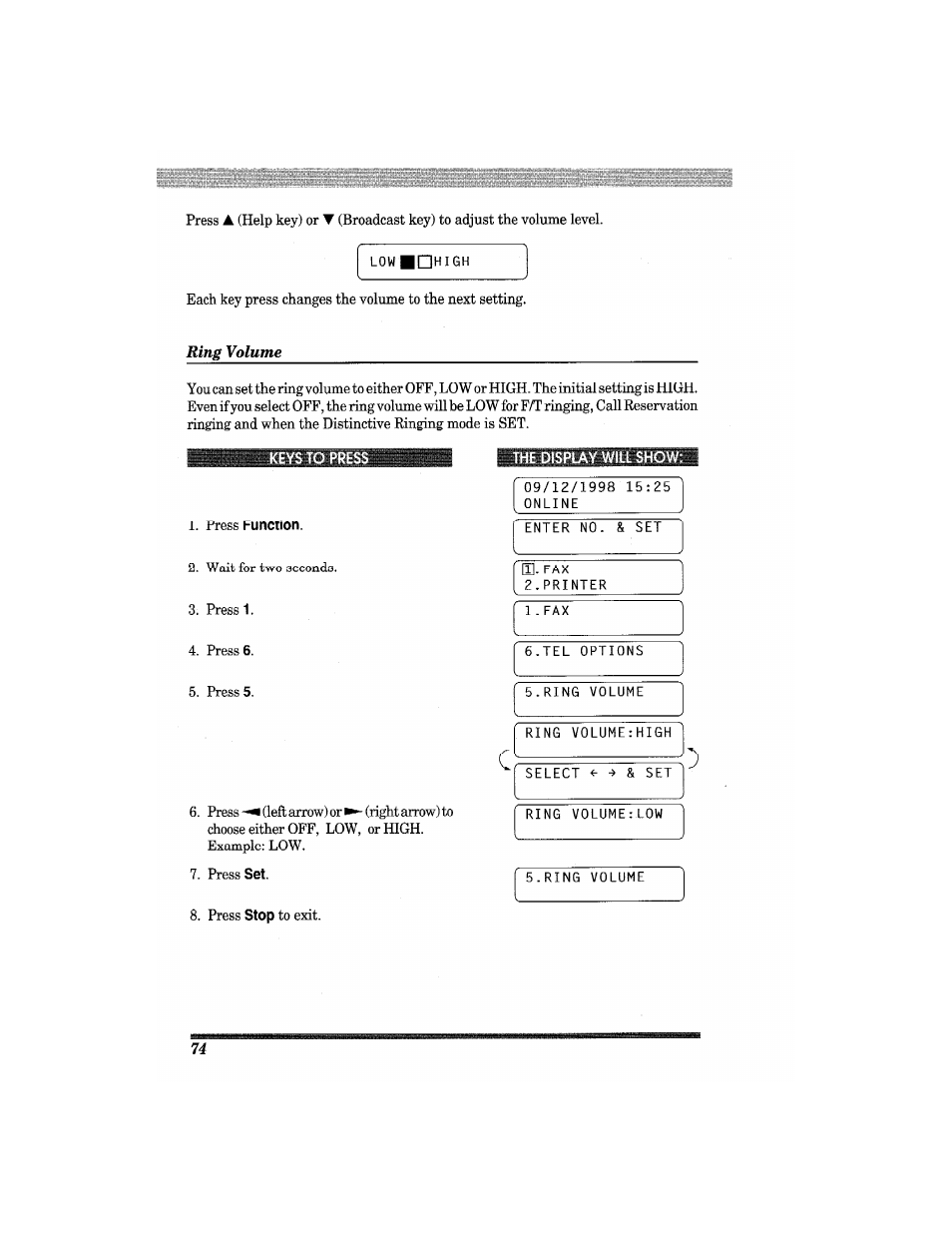 Ring volume, Keys to press, Press function | Brother MFC7650MC User Manual | Page 86 / 226