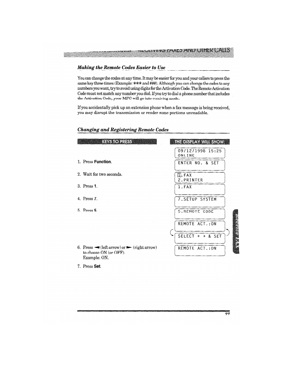 Making the remote codes easier to use, Changing and registering remote codes, The display will show | Brother MFC7650MC User Manual | Page 89 / 226