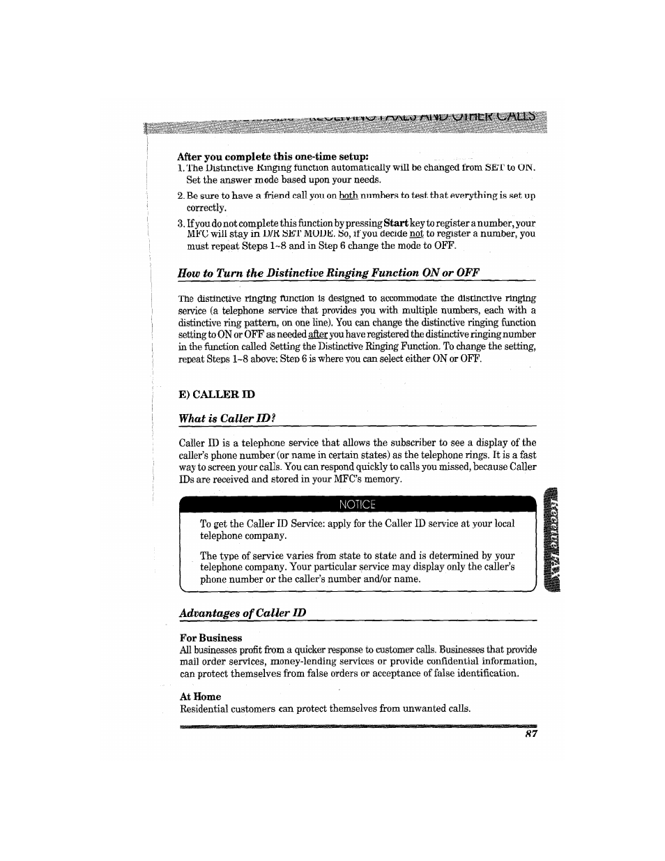 Advantages of caller id, V^mtk l,all5 | Brother MFC7650MC User Manual | Page 99 / 226