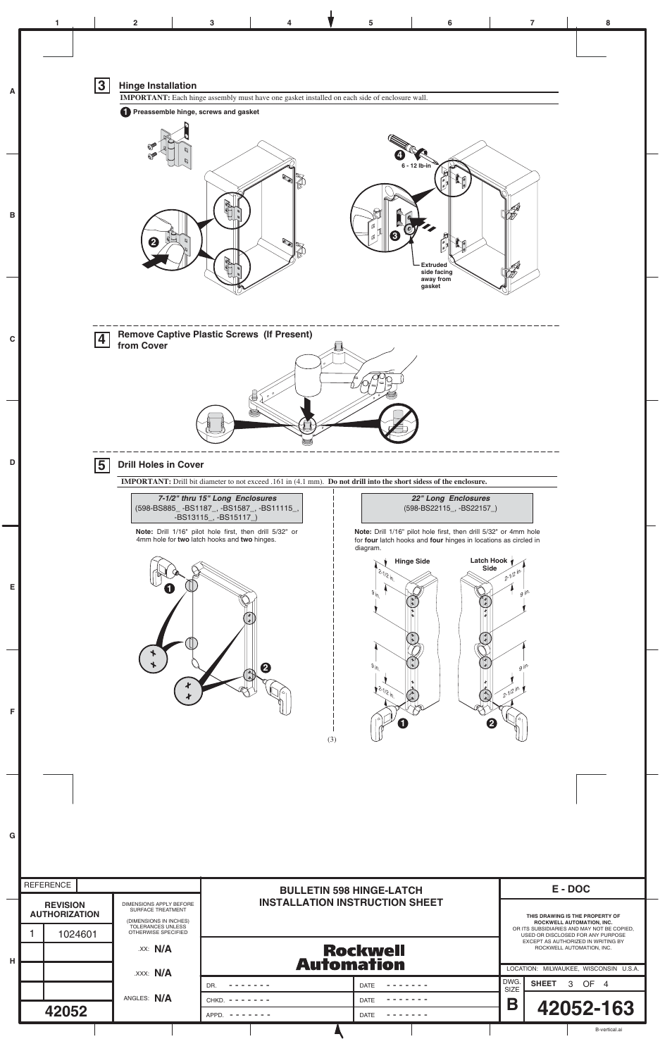 Rockwell Automation 598-NHL22M Hinge - Latch Installation User Manual | Page 3 / 4