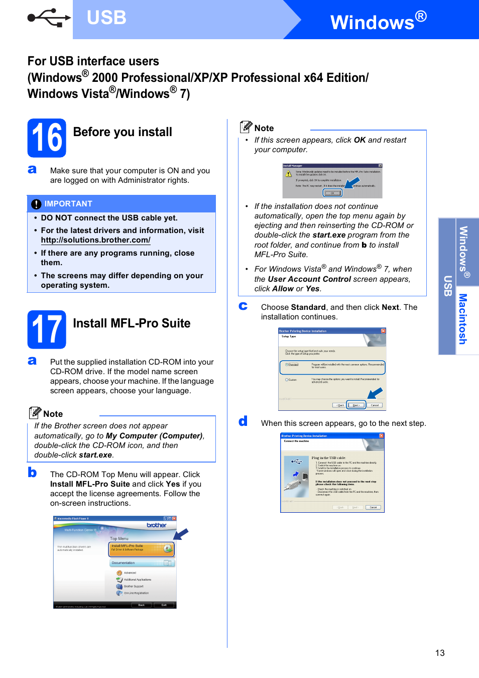 16 before you install, 17 install mfl-pro suite, Windows | Brother MFC J220 User Manual | Page 13 / 19