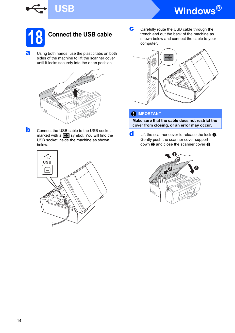 18 connect the usb cable, Windows | Brother MFC J220 User Manual | Page 14 / 19