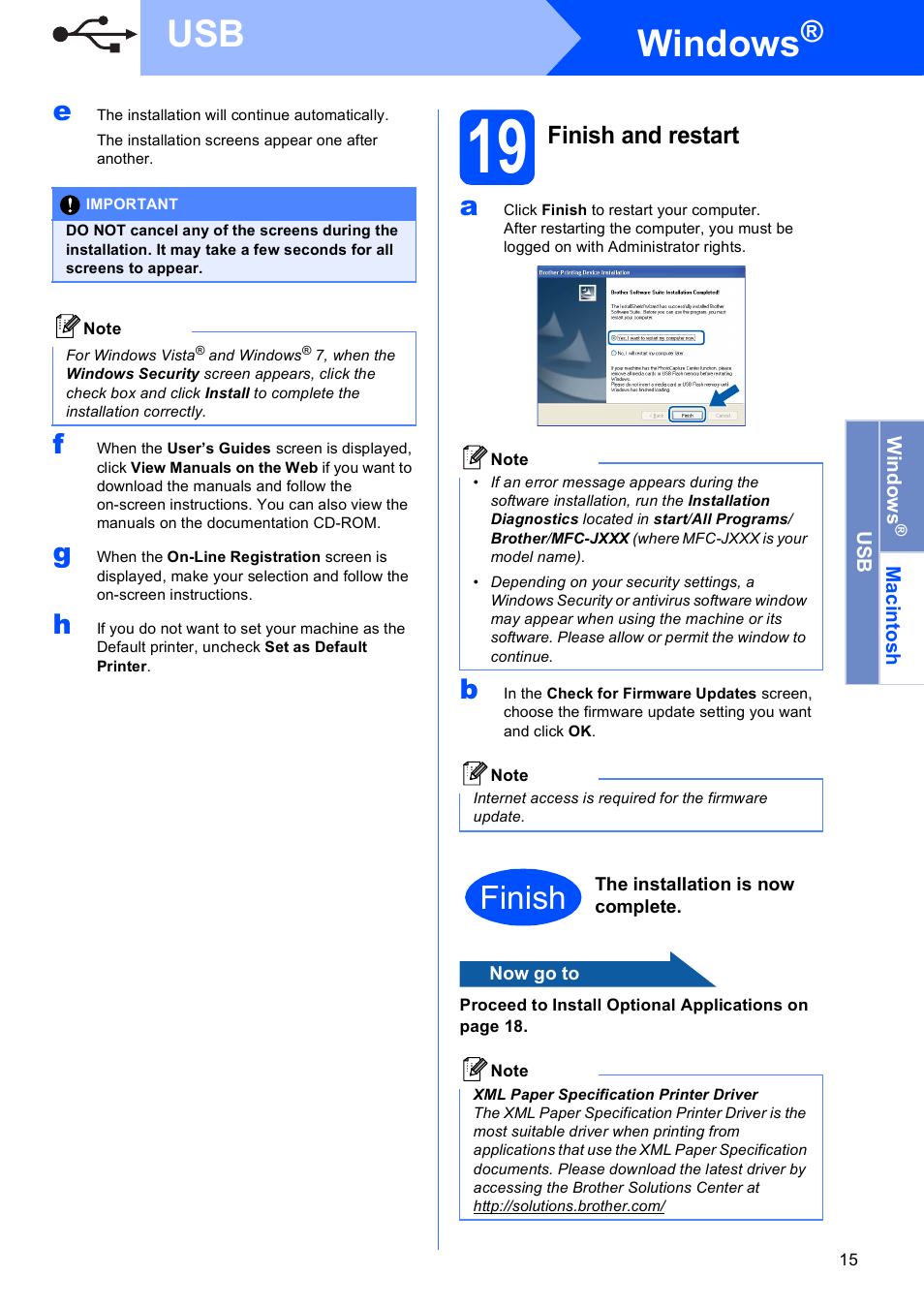 19 finish and restart, Windows, Finish | Finish and restart | Brother MFC J220 User Manual | Page 15 / 19