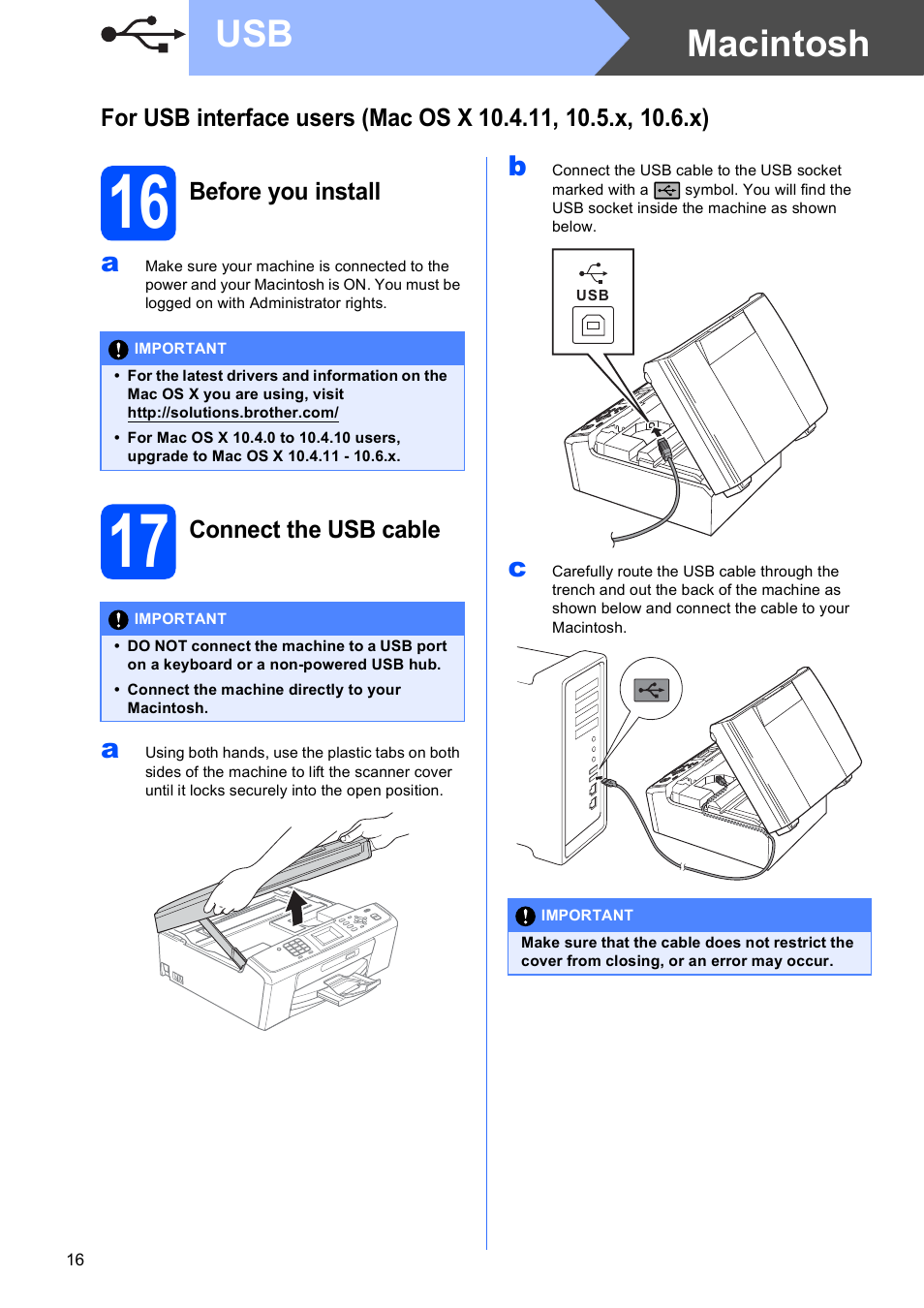 16 before you install, 17 connect the usb cable, Macintosh usb | Brother MFC J220 User Manual | Page 16 / 19