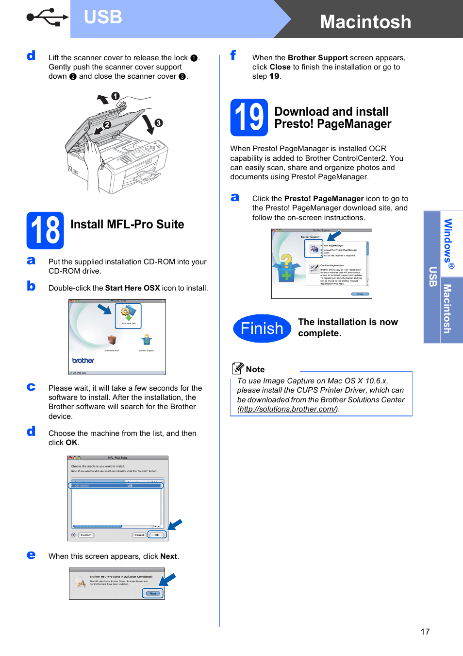 18 install mfl-pro suite, Macintosh usb, Finish | Brother MFC J220 User Manual | Page 17 / 19