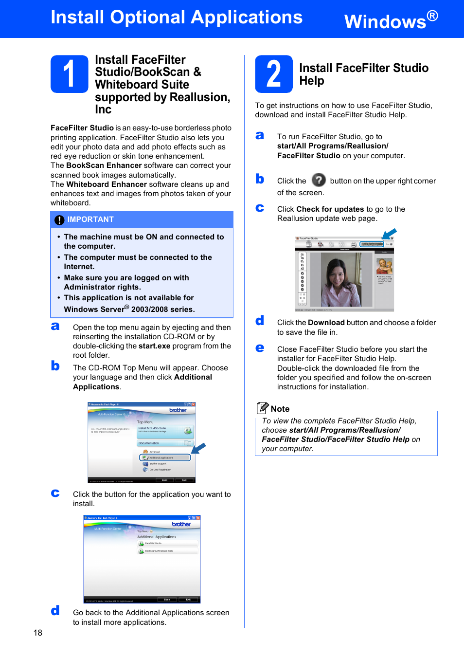 Install optional applications windows, 2 install facefilter studio help, Windows | Install optional applications | Brother MFC J220 User Manual | Page 18 / 19