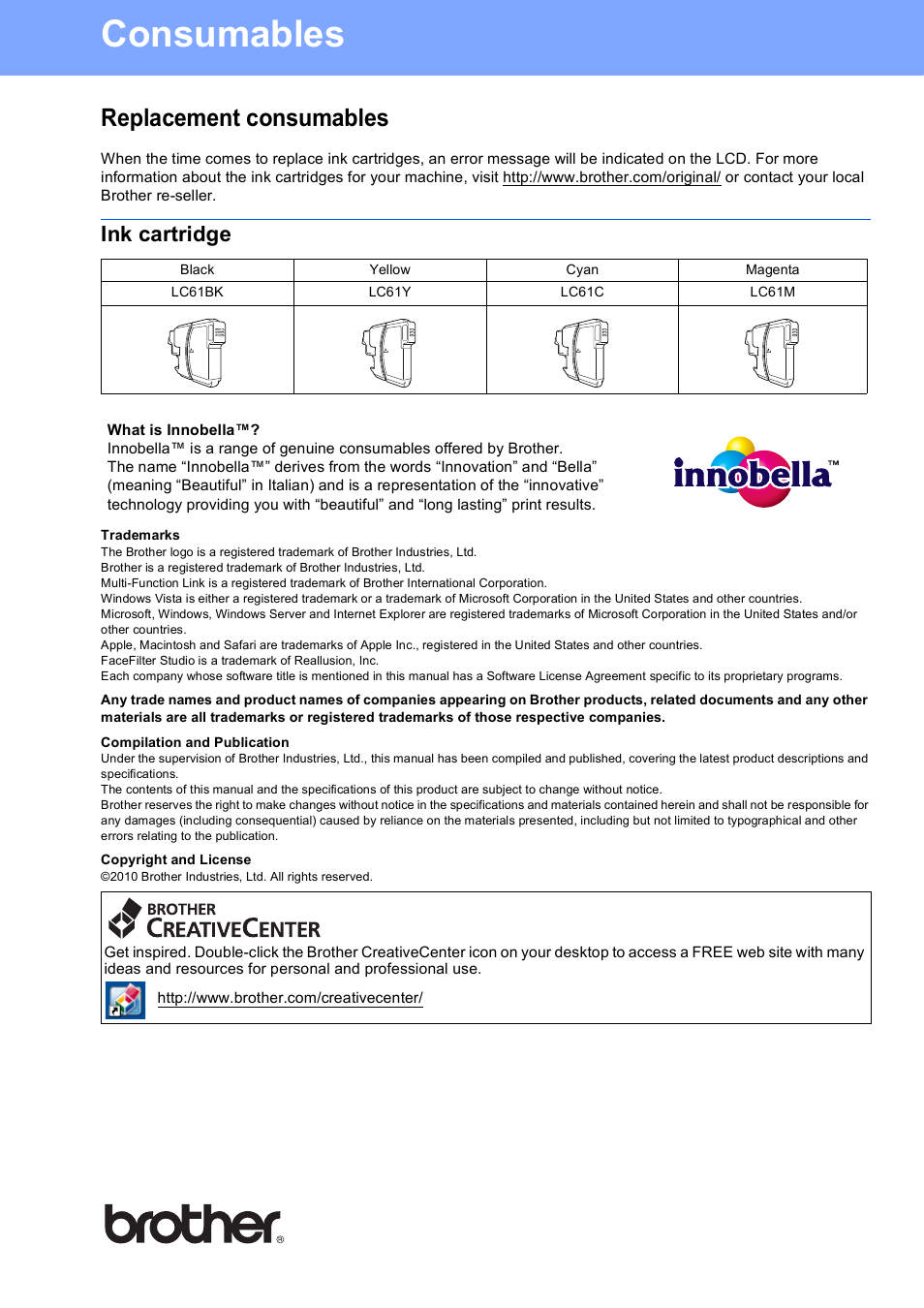 Consumables, Replacement consumables, Ink cartridge | Brother usa/can | Brother MFC J220 User Manual | Page 19 / 19