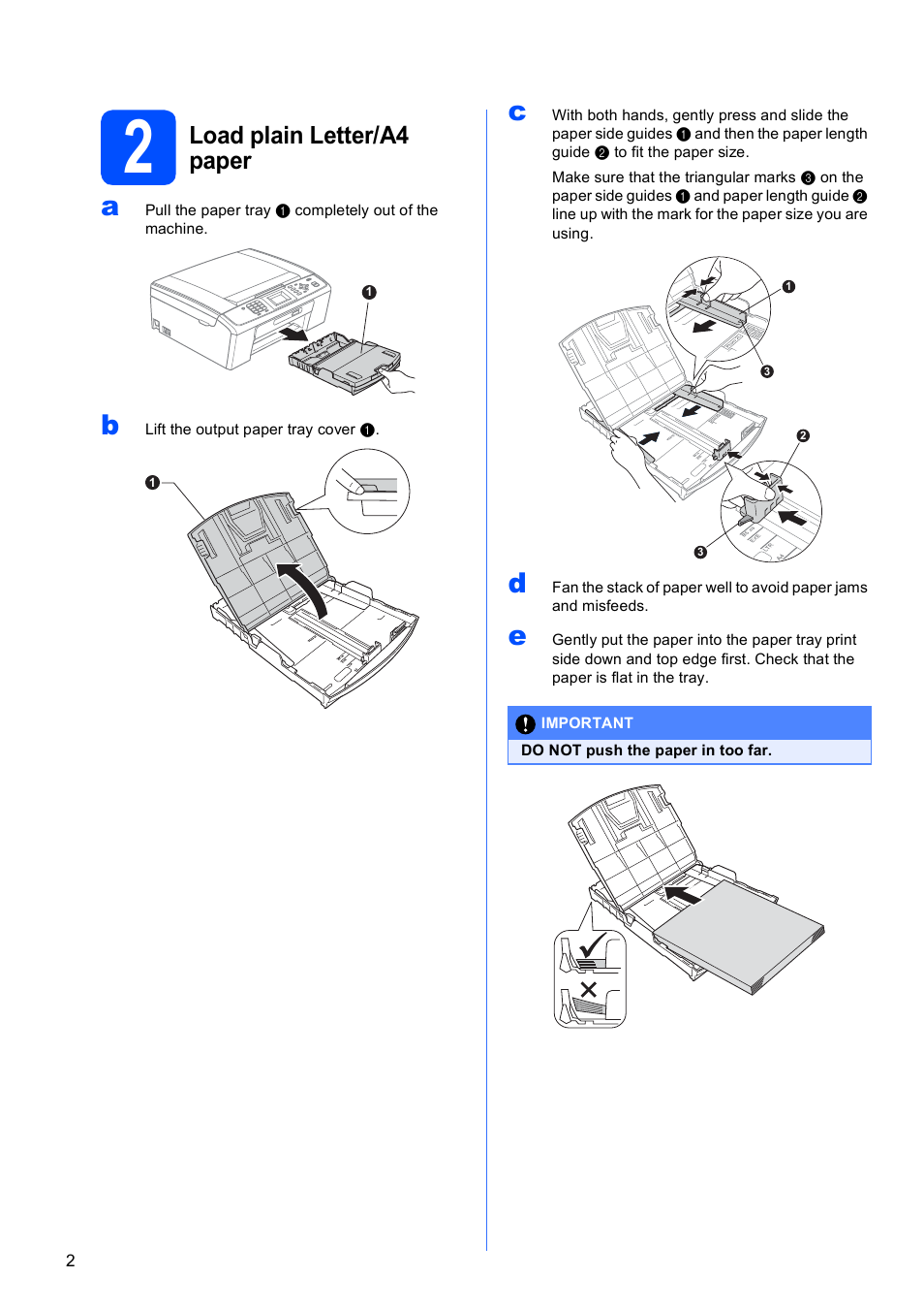 2 load plain letter/a4 paper, Load plain letter/a4 paper | Brother MFC J220 User Manual | Page 2 / 19