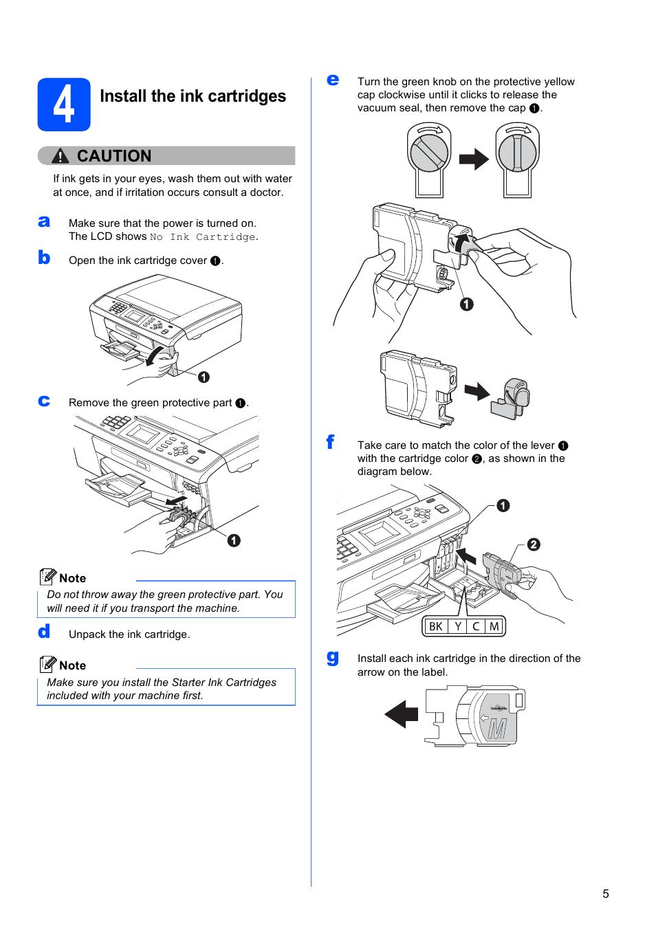 4 install the ink cartridges, Install the ink cartridges | Brother MFC J220 User Manual | Page 5 / 19