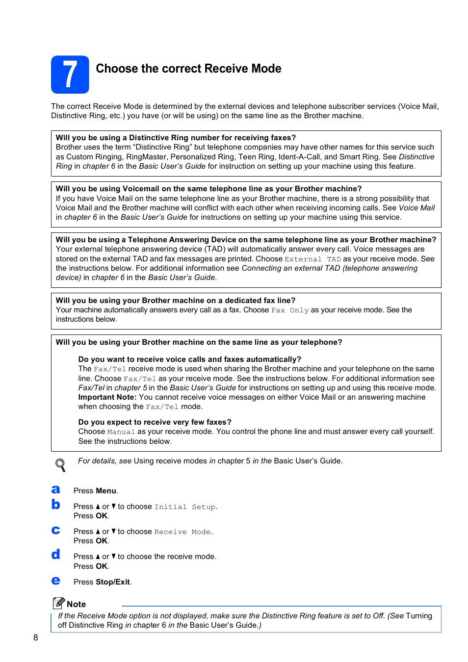 7 choose the correct receive mode, Choose the correct receive mode | Brother MFC J220 User Manual | Page 8 / 19