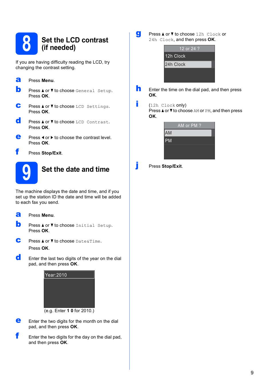 8 set the lcd contrast (if needed), 9 set the date and time | Brother MFC J220 User Manual | Page 9 / 19