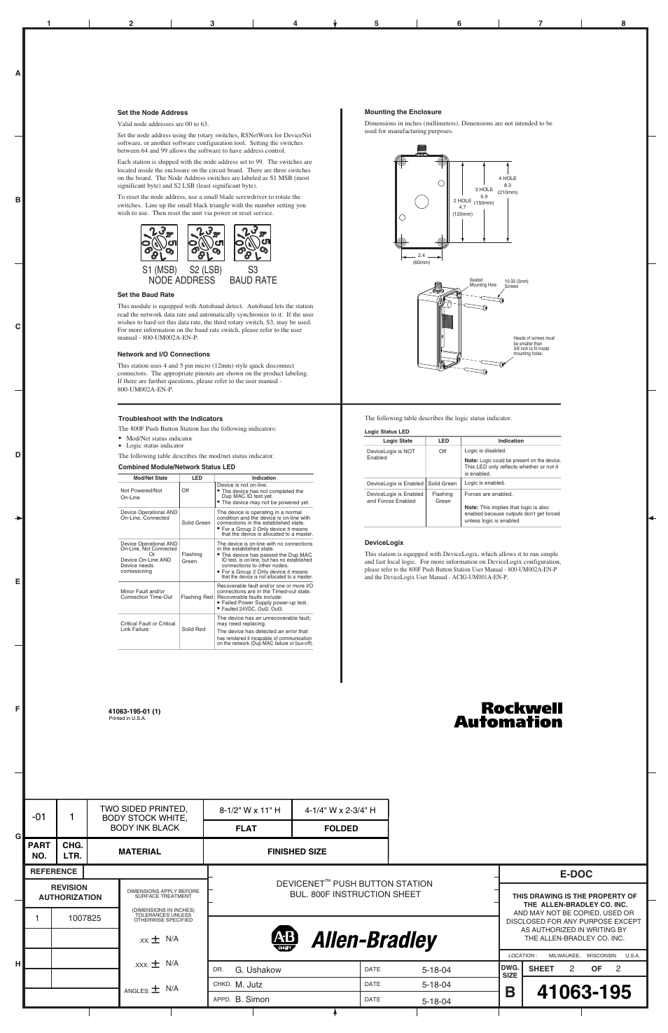 E-doc, S1 (msb) node address baud rate s2 (lsb) s3 | Rockwell Automation 800F- DeviceNet Push Button Stations User Manual | Page 2 / 2