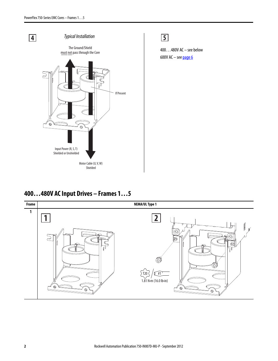 400…480v ac input drives – frames 1…5 | Rockwell Automation 20G PowerFlex 750-Series EMC Cores - Frame 1…5 User Manual | Page 2 / 8