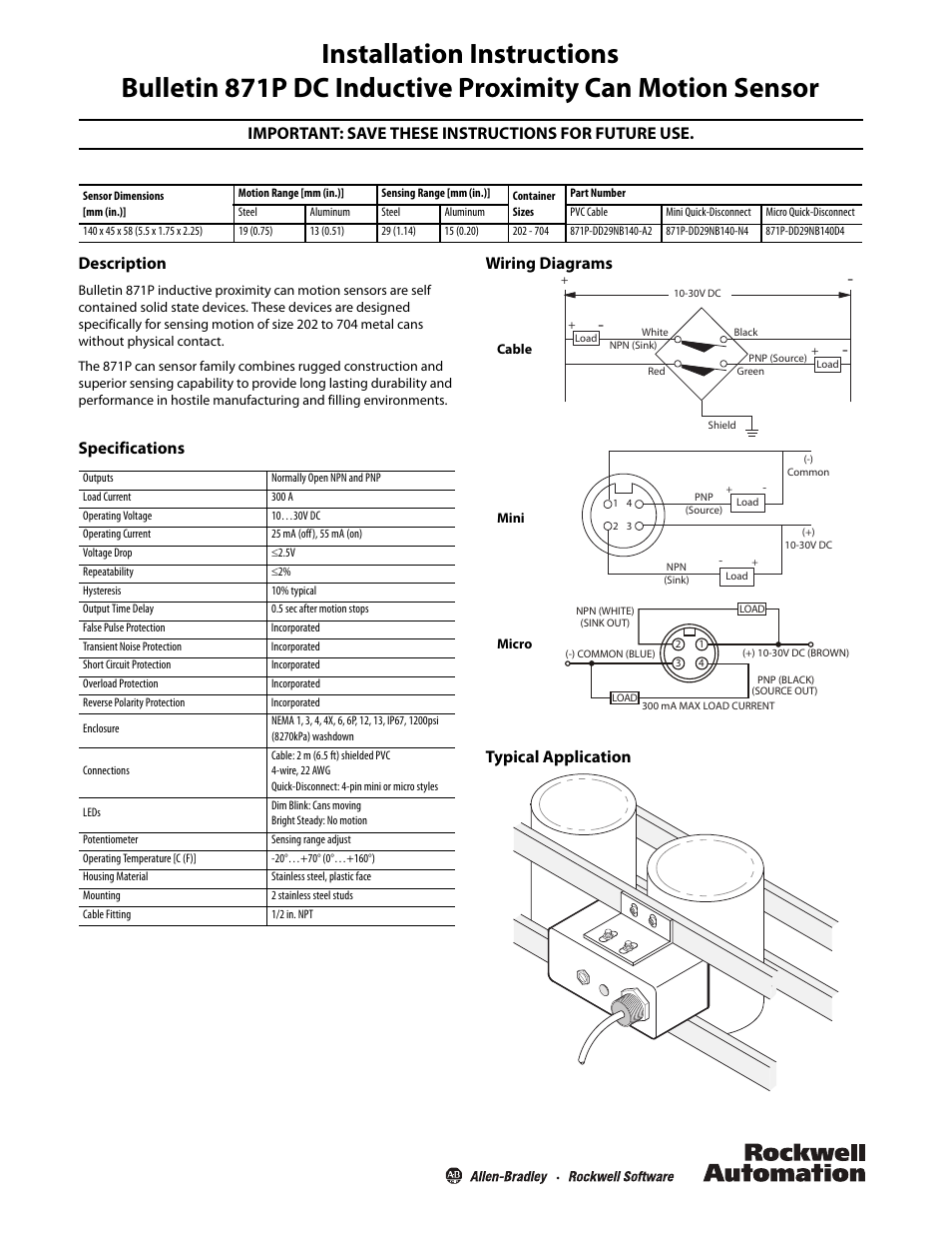 Rockwell Automation 871P DC Inductive Proximity Can Motion Sensor User Manual | 2 pages