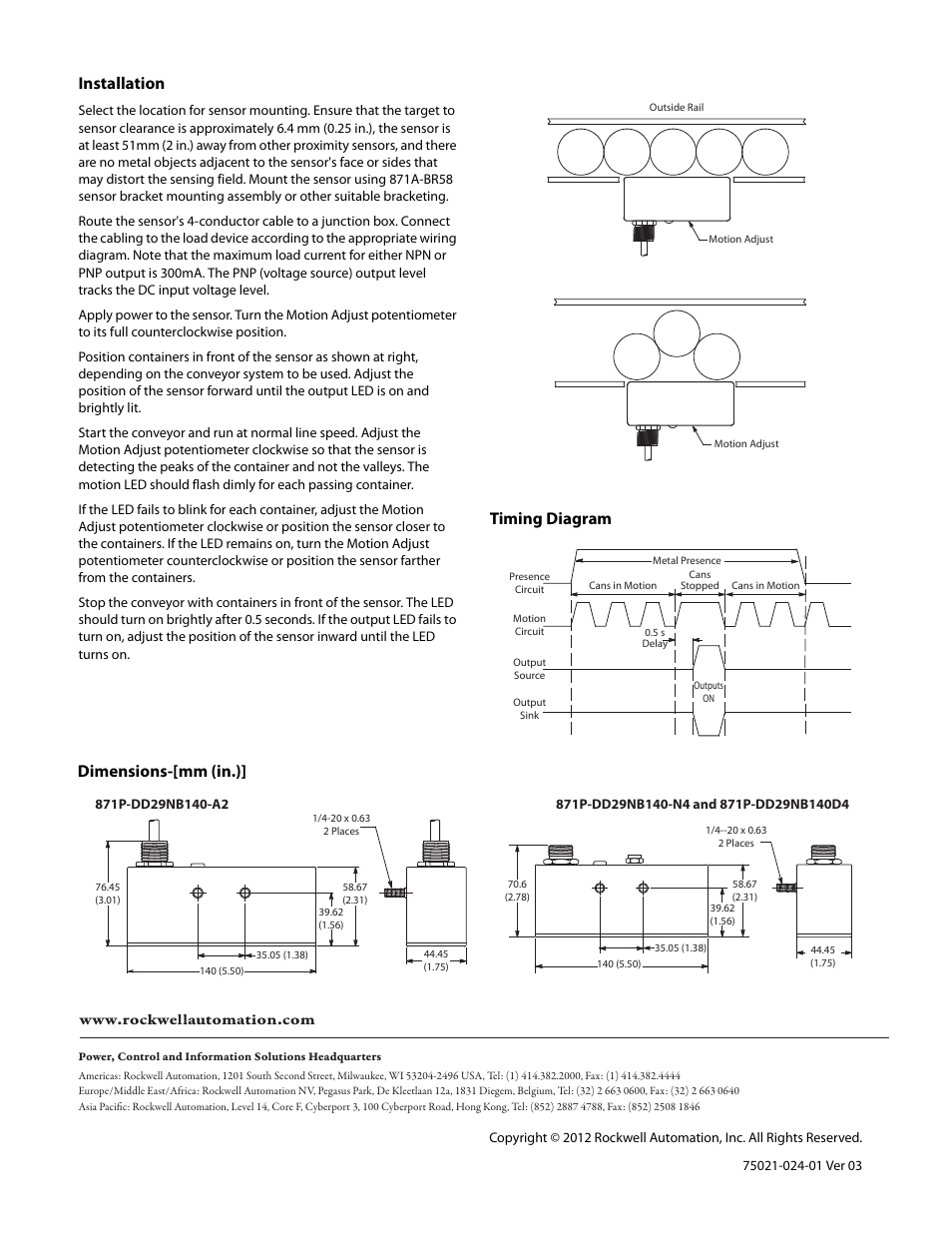 Installation, Timing diagram, Dimensions-[mm (in.) | Rockwell Automation 871P DC Inductive Proximity Can Motion Sensor User Manual | Page 2 / 2