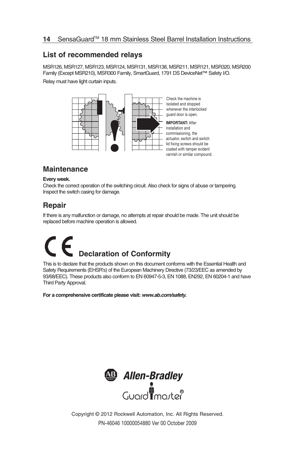 List of recommended relays, Maintenance, Repair | Declaration of conformity | Rockwell Automation 440N SensaGuard 18 mm Stainless Steel Barrel Unique Coded Installation Instructions User Manual | Page 14 / 14